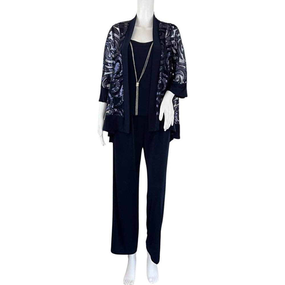 R&M Richards Women’s 3 Piece Sequin Swing Jacket-Blouse-Pants Navy Blue Sz 8P